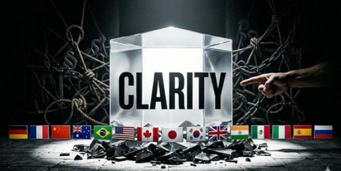 A glowing crystal cube emblazoned with the word "CLARITY" emerges from shattered glass, with a pointing hand gesturing toward it against a backdrop of tangled ropes and international flags. The image visually represents the post's message about the Clarity Act breaking through legal confusion to establish a clear regulatory framework for cryptocurrencies like $BTC, $XRP, and $XLM in the U.S.