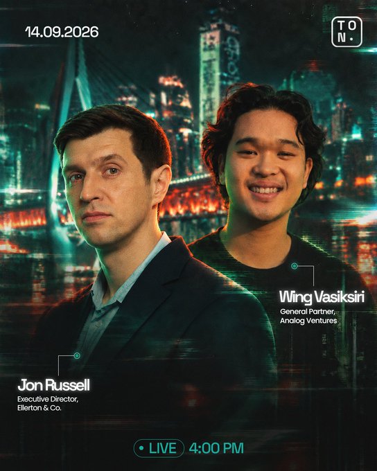 Promotional graphic for a TON.live event on 14.09.2026 at 4:00 PM featuring speakers Jon Russell (Executive Director, Ellerton & Co.) and Wing Vasiksiri (General Partner, Analogy Ventures) against a city skyline backdrop.
