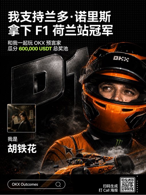 A promotional poster in Chinese for OKX supporting Lando Norris to win the F1 Dutch Grand Prix, featuring a 600,000 USDT prize pool, a driver in an orange McLaren helmet, and a QR code.