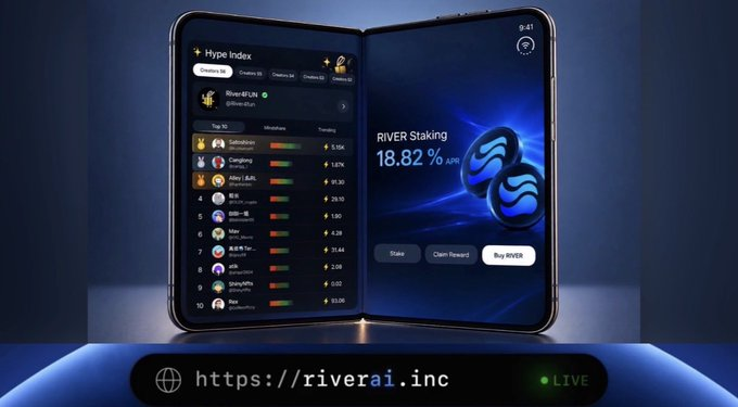 A promotional image of a foldable smartphone displaying the RIVER AI interface with 'RIVER Staking 18.82% APR' and a 'Hype Index' leaderboard, branded with 'https://riverai.inc' and a LIVE indicator at the bottom.