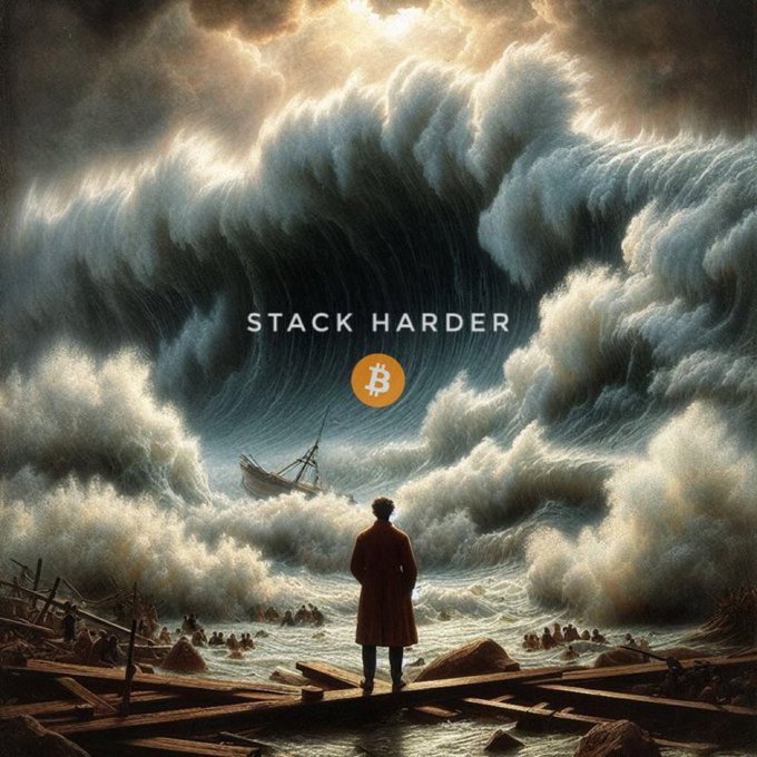 A dramatic artwork showing a person in a red coat facing a massive tidal wave, with a Bitcoin logo and the text 'STACK HARD' overlaid.