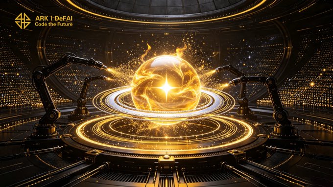 A glowing golden sphere radiates energy on a futuristic circular platform surrounded by robotic arms, with the text "ARK | DeFAI - Code the Future" displayed in the top-left corner, visually symbolizing the momentum, power, and centralized AI ecosystem described in the post about the Arkie AI App driving value through ARK.