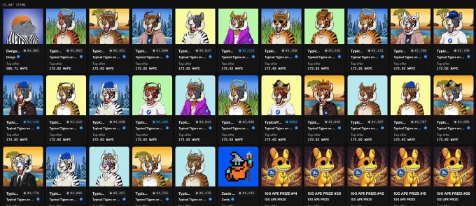 A gallery of NFT collectibles displayed in a grid, featuring various 'TypoShiba' dog characters in different outfits and settings, along with '100 APC PRIZE #26' tokens and other digital items.
