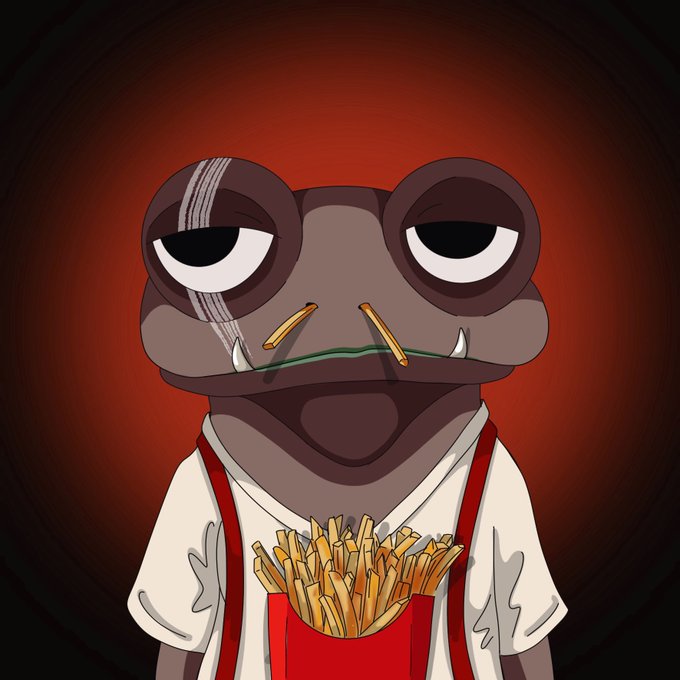 Digital illustration of a tired-looking frog character wearing a white shirt and red apron, holding a container of French fries, with french fries protruding from its mouth against a dark red background.