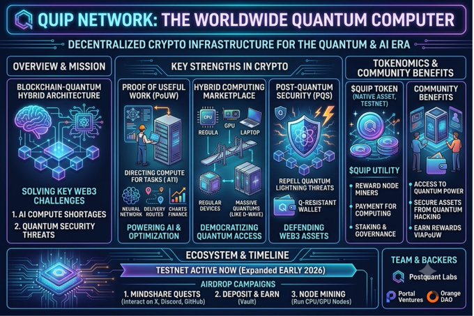 The image is an infographic for **Quip Network: The Worldwide Quantum Computer**, branded as decentralized crypto infrastructure for the quantum and AI era. It highlights features including a blockchain-quantum hybrid architecture, Proof of Useful Work (PoUW), a hybrid computing marketplace, and post-quantum security, along with $QUIP tokenomics, an active testnet with an expanded early 2026 timeline, and backers such as Postquantum Labs, Portal Ventures, and Orange DAO. The visual reinforces the caption's message by framing Quip as essential infrastructure that converts idle computing into AI processing power while providing a post-quantum security shield.