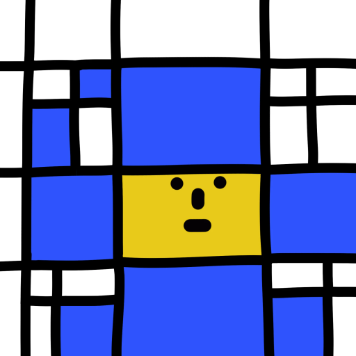 A grid of blue squares surrounds a central yellow square with a surprised face, styled like a Mondrian painting reinterpreted as a Bitcoin block. The piece ties the post's question about art on Bitcoin to the growing trend of crypto-inscribed artworks, blending classic art aesthetics with blockchain culture.