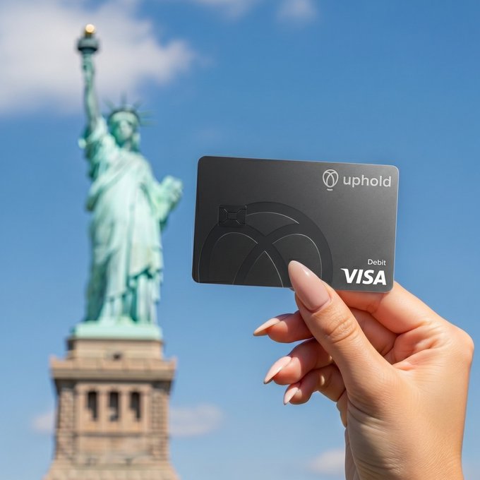 A hand holds up a black Uphold Visa Debit card in front of the Statue of Liberty, with the "uphold" and "VISA Debit" text clearly visible. The iconic backdrop of the landmark paired with the crypto-friendly card ties into the "Freedom to earn XRP back" message, symbolizing financial freedom and the ability to earn cryptocurrency rewards with everyday spending.