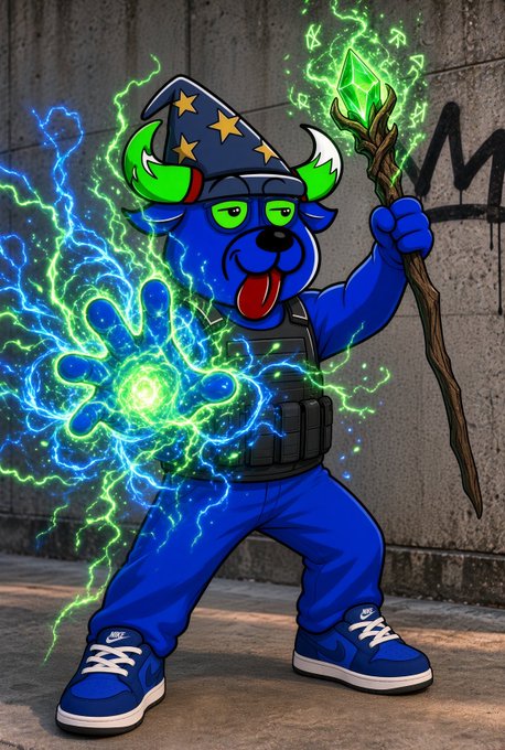 A cartoon character of a blue bear-like mascot wearing a wizard hat and Nike sneakers, holding a staff and casting blue and green magic.