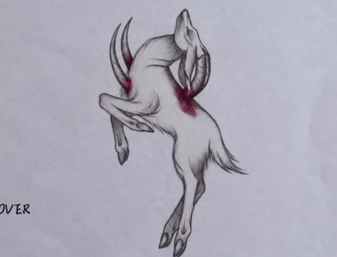 A pencil sketch of a leaping deer or gazelle with prominent curved horns and red markings near its neck.