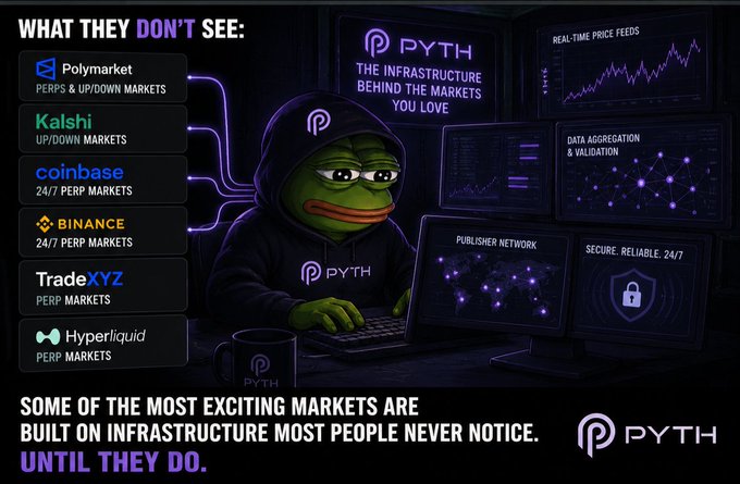 The image shows a cartoon frog dressed as a trader, seated at a computer with his eyes focused on two monitors displaying market graphs. Above him, a message in purple encourages people to trade cryptocurrencies like Pyth for the financial gains. The text highlights that the trading market is currently driven by Internet infrastructure companies and cryptocurrency networks such as Pyth Network.