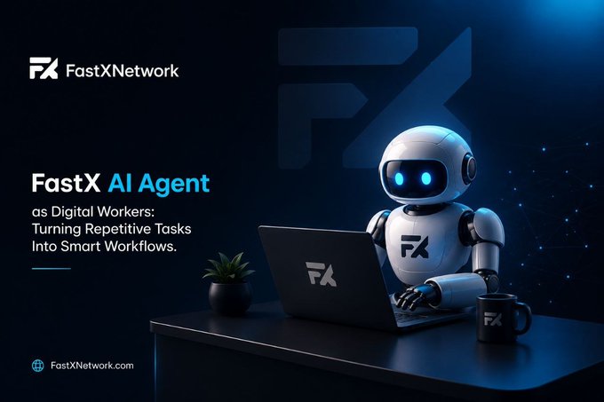 A promotional image for FastXNetwork featuring a white robotic AI agent working at a laptop with the "FX" logo, alongside text promoting "FastX AI Agent as Digital Workers: Turning Repetitive Tasks Into Smart Workflows," visually reinforcing the post's emphasis on secure, autonomous AI infrastructure.