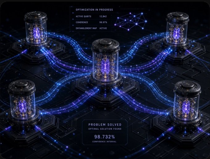 A futuristic digital display shows an 'OPTIMIZATION IN PROGRESS' status with metrics like Active Qubits (12,842) and Coherence (99.97%). Glowing cylindrical nodes are connected by flowing blue and purple light streams on a dark circuit board, with a 'PROBLEM SOLVED' notification at 98.732% confidence interval.