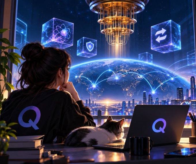An illustrated scene depicts a woman and a cat at a desk with 'Q'-branded laptops, overlooking a glowing Earth and futuristic city skyline featuring holographic icons including React's logo.