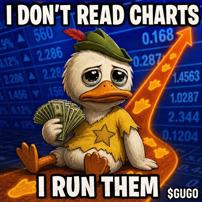 A meme featuring a sad-looking duck in a yellow shirt and green hat holding cash, with text 'I DON'T READ CHARTS' and 'I RUN THEM' over a stock chart background with '$GUGO' tag.