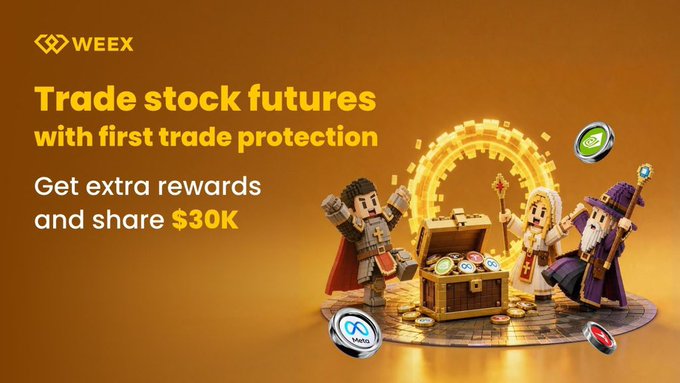 The image shows a poster with a cartoon character holding a box of gold coins, surrounded by a group of people dressed in medieval clothing. The poster also includes text related to trade stock futures, explaining that trading with first trade protection offers an additional $30 reward for sharing 30K and that there is a new chart to track this information.