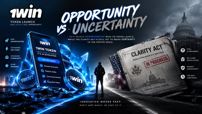 A promotional graphic titled '1WIN TOKEN LAUNCH' with the headline 'OPPORTUNITY VS UNCERTAINTY', depicting a person standing between a phone showing the 1WIN token launch and a document labeled 'CLARITY ACT IN PROGRESS'.