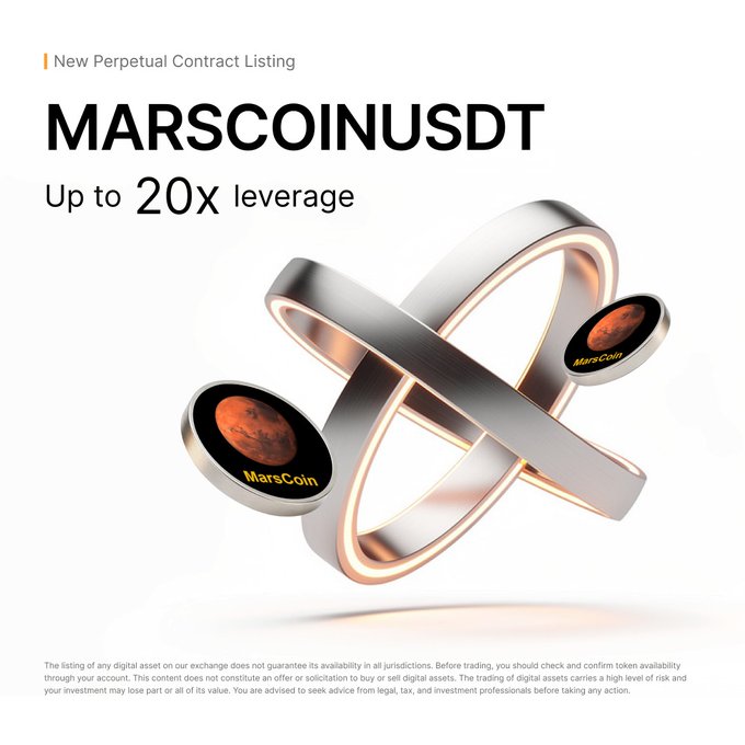 A promotional graphic announces the new listing of the MARSCOINUSDT perpetual contract on Bybit, offering up to 20x leverage, accompanied by a 3D metallic atom-like design featuring Mars coin medallions with the planet's surface and "MarsCoin" branding, matching the post's announcement of $MARSCOIN trading availability.