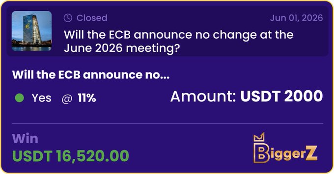 The image features a purple background with white text that reads "Will the ECB announce no change at the June 2026 meeting? Will the ECB announce no change at the June 2026 meeting?" The text also includes a green checkmark symbolizing a "Yes". In addition, there is a small amount of money displayed in the image.