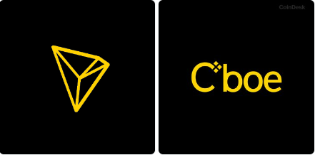 Two logos on black backgrounds: the yellow TRON (TRX) logo on the left and the yellow 'cboe' logo on the right, with a 'CoinDesk' watermark.