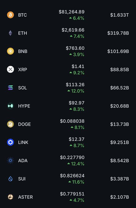A cryptocurrency market ticker shows prices and 24-hour gains for major coins: BTC at $81,264.89 (+6.4%), ETH at $2,619.66 (+7.4%), BNB at $763.60 (+3.9%), XRP at $1.41 (+9.2%), SOL at $113.26 (+12.0%), HYPE at $92.97 (+8.3%), DOGE at $0.088038 (+8.1%), LINK at $12.37 (+8.7%), ADA at $0.227790 (+12.4%), SUI at $0.826624 (+11.6%), and ASTER at $0.779151 (+4.7%).