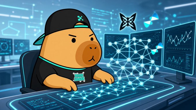 A digital illustration of a cartoon bear wearing a black cap and shirt with 'MINT SQUAD' text, sitting at a futuristic blue-lit desk and interacting with a holographic blockchain/network display, with MetaMask and Fantom (FTM) logos floating nearby.