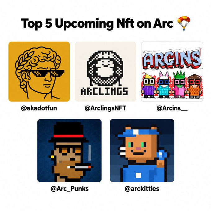 A graphic titled 'Top 5 Upcoming Nft on Arc' featuring five NFT collections: @akadotfun (golden classical bust with sunglasses), @ArclingsNFT (pixel art penguin), @Arcins__ (graffiti-style characters), @Arc_Punks (pixel art character with hat and cigar), and @arckitties (pixel art cat in overalls).