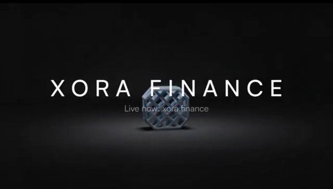 The dark, branded image displays "XORA FINANCE" in large white lettering with a geometric 3D octahedron logo centered on a black background, accompanied by the tagline "Live now: xora.finance." This promotional graphic visually reinforces the post's announcement of $1.2 million (18.867 BTC) being added to the XORA Treasury, giving the treasury update a polished, corporate identity.