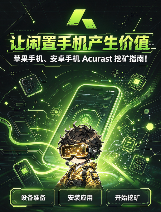 A green-themed promotional graphic for Acurast mobile mining with Chinese text reading '让闲置手机产生价值' (Let idle phones generate value) and '苹果手机、安卓手机 Acurast 挖矿指南!' (Apple/Android Acurast Mining Guide!), featuring a cartoon character with glowing goggles and a smartphone, with three buttons labeled '设备准备', '安装应用', and '开始挖矿'.