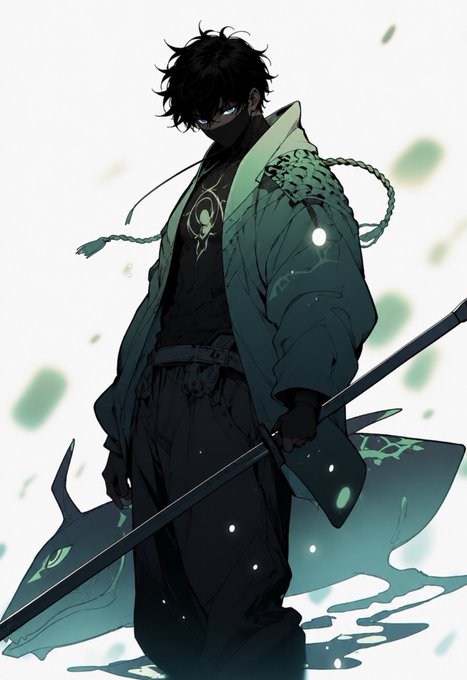 An anime-style illustration depicts a dark-haired figure with glowing eyes wearing a teal coat and holding a staff, with green energy accents swirling around them.
