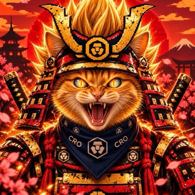 A stylized digital illustration of an orange tabby cat wearing ornate samurai armor with a fierce expression, set against a Japanese landscape with cherry blossoms, pagodas, and a red sun, featuring 'CRO' logos on its armor.