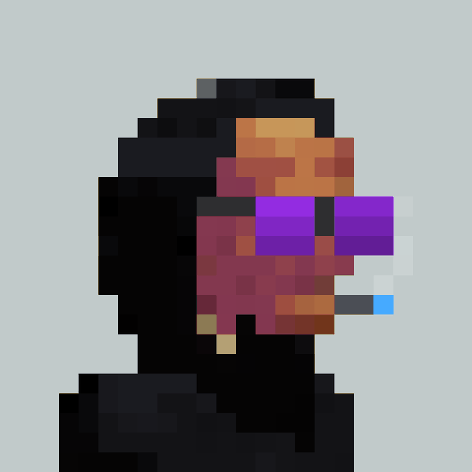 A pixel art illustration of a Black woman in profile wearing large purple sunglasses and a dark top against a light blue background.
