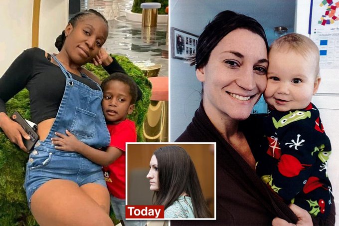 Composite image showing two mothers posing with their young children, plus an inset photo labeled "Today" of a woman with long brown hair, likely from a true crime or news story.