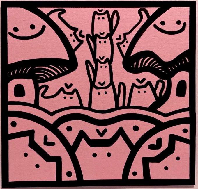 A stylized black line drawing on a pink background depicting abstract smiling faces, stacked figures, and wavy landscape lines.