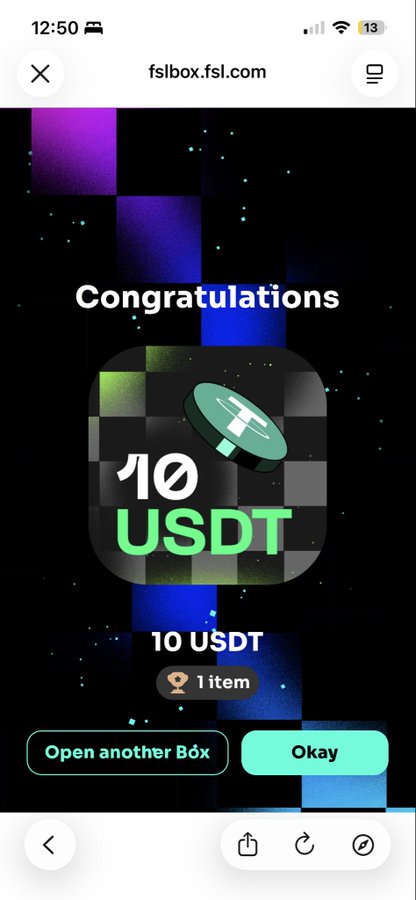 The image shows a phone screen with a message congratulating someone for winning an item, specifically 10 USDT. The person has won 1 item worth 10 USDT. There are also two other boxes open that contain more items.
