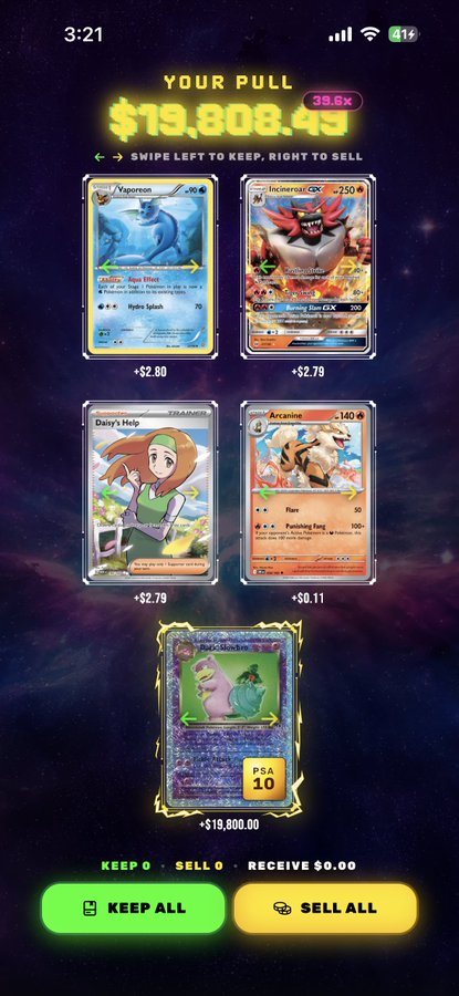 A mobile app screenshot shows a digital trading card pull valued at $19,808.49, featuring Pokemon cards including Vaporeon, Incineroar ex, Daisy's Help, Arcanine, and a PSA 10 Slowbro worth $19,800.