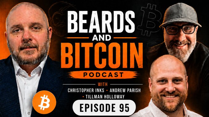 The image features an advertisement for a podcast called "Beards and Bitcoin" with three men featured, one of whom has a beard. The background color of the image is black, which contrasts with the white text that reads "Beards and Bitcoin". The title of the podcast is written in orange letters above the image, while the names of the hosts are displayed below it in white letters. The podcast's description includes the phrase "Episodes 95" at the bottom of the image.