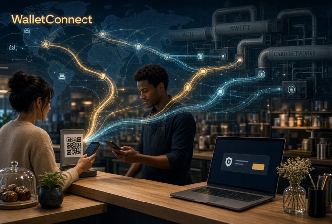 A WalletConnect promotional image shows two people using digital devices at a counter, with animated light streams flowing between them and a global network background featuring labels like 'SWIFT' and 'CARD NETWORKS'.
