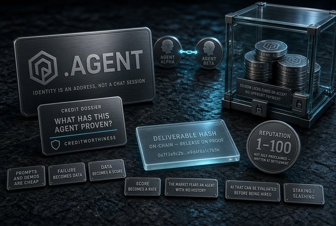 The image displays a conceptual infographic about AI agent identity and reputation, featuring a metallic ".AGENT" plaque with the tagline "IDENTITY IS AN ADDRESS, NOT A CHAT SESSION," alongside interconnected elements including "AGENT ALPHA" and "AGENT BETA" nodes, a "CREDIT DOSSIER" asking "WHAT HAS THIS AGENT PROVEN?", a glass vault of coins labeled "ESCROW LOCKS FUNDS ON ACCEPT, NO UPFRONT PAYMENT," and a "REPUTATION 1-100 — NOT SELF-PROCLAIMED — WRITTEN BY SETTLEMENT" badge. This visual supports the post's argument that as AI agents evolve from simple tools into autonomous economic actors that quote prices and execute transactions, evaluation must shift from model capability to verifiable on-chain proof and creditworthiness tied to past performance.
