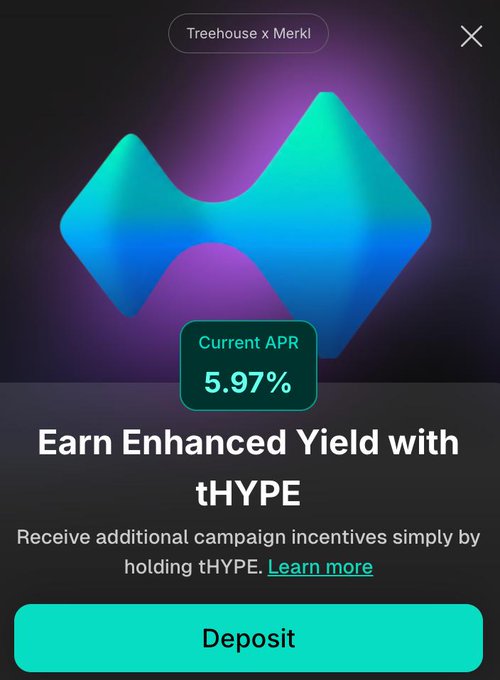 A promotional screen from Treehouse x Merkl displays a blue and green HYPE logo with 'Current APR 5.97%' and a 'Deposit' button for earning enhanced yield with tHYPE.
