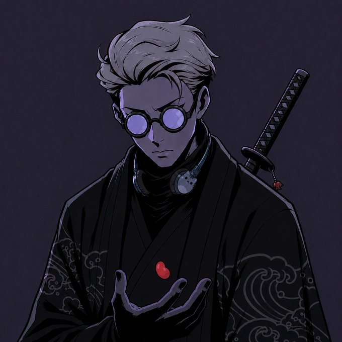 A dark-toned anime-style illustration of a young man with glasses, a katana on his back, and headphones around his neck, holding a small red object in his hand.