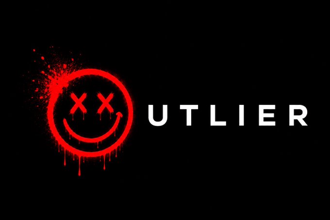 The image features a logo for a television show called "Outliers" with a red smiley face design, which has been splattered with red paint. The text "Outliers" is written below the logo, indicating that this is the name of the show or series being promoted. The post also mentions that most people try to find the next big thing and that Outliers creates them.