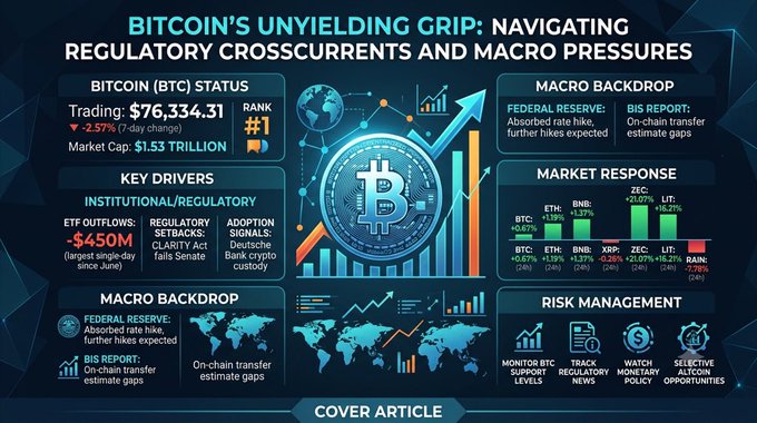An infographic titled 'BITCOIN'SUNYIELDING GRIP: NAVIGATING REGULATORY CROSSCURRENTS AND MACRO PRESSURES' displaying Bitcoin's trading price at $76,334.31 and various market statistics including ETH and BNB data.