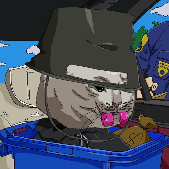 A cartoon illustration shows a grumpy cat wearing a black bucket hat sitting in a blue crate, with a uniformed figure labeled 'HORNY POLICE' partially visible in the background.