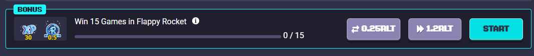 A digital game interface shows a BONUS task to 'Win 15 Games in Flappy Rocket' with rewards of 0.25 RLT and 1.2 RLT, displaying progress at 0/15 and a START button.