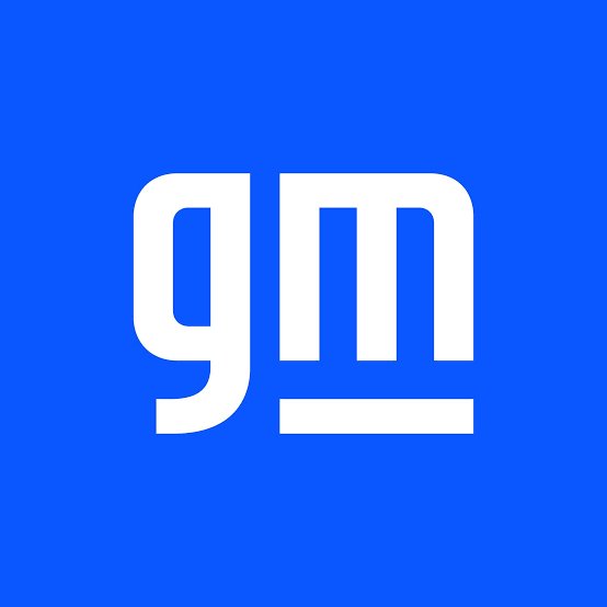 The GM logo, featuring white stylized lowercase 'gm' letters with an underline, is displayed prominently against a solid blue background.
