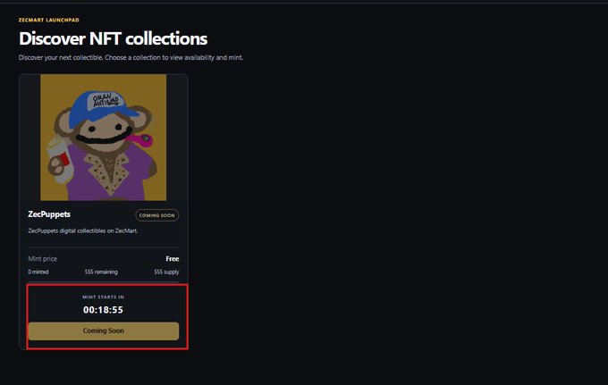 A ZCKMART Launchpad webpage showing the 'Discover NFT collections' section, featuring a 'ZecPuppets' collection with a countdown timer of 00:18:55 and a 'Coming Soon' button highlighted in red.