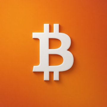 A white 3D Bitcoin (₿) logo is centered on a bright orange gradient background.