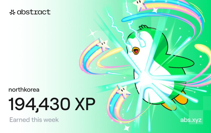 Abstract platform achievement card for user "northkorea" showing 194,430 XP earned this week, featuring a cartoon penguin shooting a laser beam.