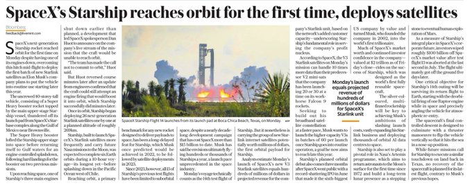 A newspaper clipping with the headline "SpaceX's Starship reaches orbit for the first time, deploys satellites," discussing the successful test launch and its implications for Elon Musk's space program.