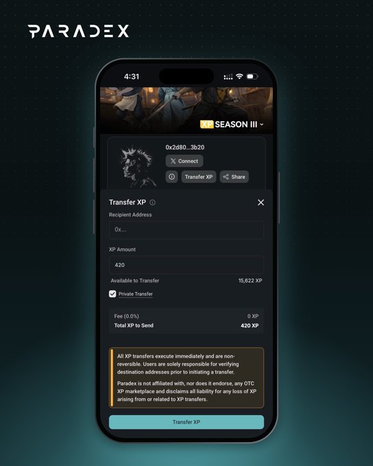 A mobile app screenshot shows the 'PARADEX' interface for 'Transfer XP', displaying a recipient address field, 'XP Amount' of 420, and 'Available to Transfer' of 15,622 XP.